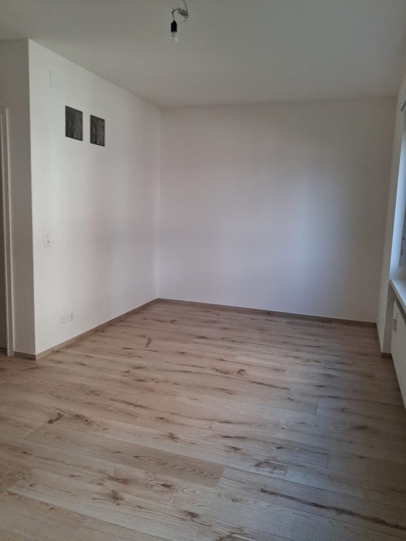 Empty room with white walls, wooden floor, power outlets, light fixtures, windows