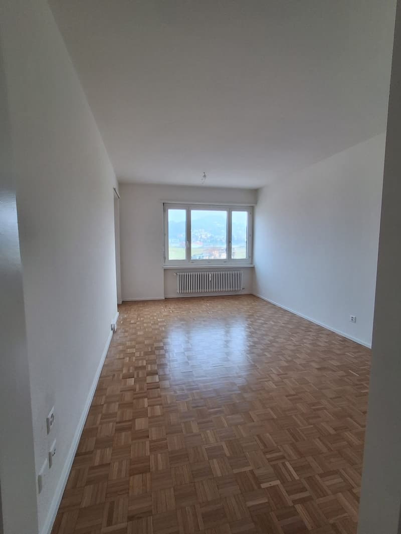 Empty room, parquet floor, white walls, windows, radiator