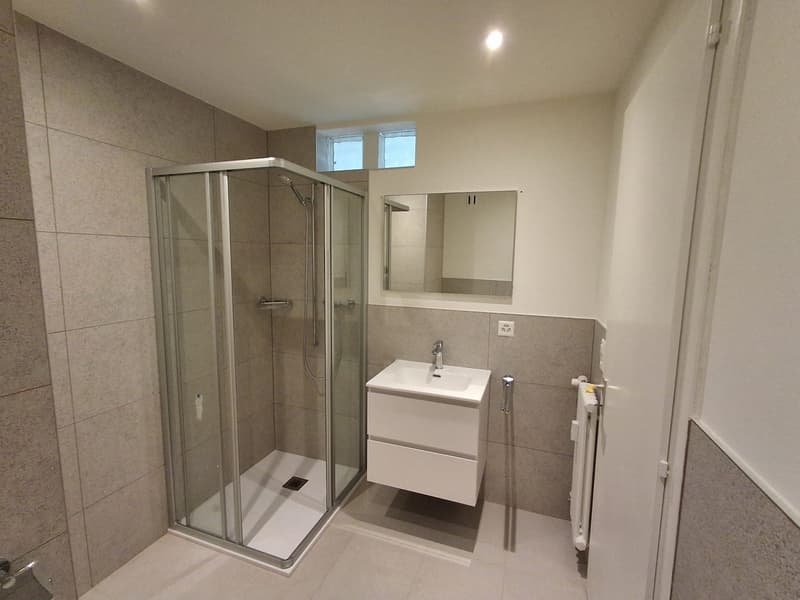 White shower, white sink, white cabinets, mirror, tiled walls