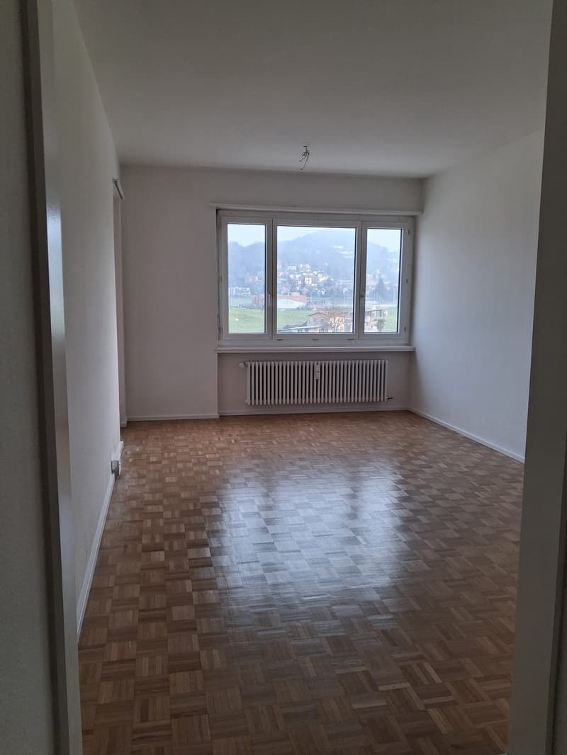 empty room, parquet floor, large window with view of the city, radiator