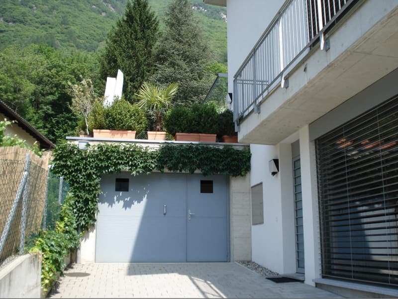 white exterior walls, balcony with railing, double grey garage doors, large potted plants on garage roof, small plants on exterior wall