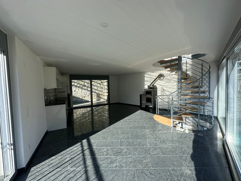 Contemporary design, raised ground floor, spiral staircase, large windows, open layout, sleek gray flooring