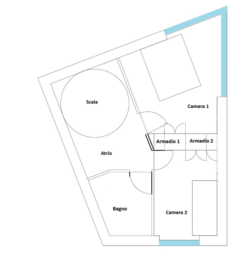 Atrium, Stairs (Scala), Living room (Atrio), Two bedrooms (Armadio 1 and 2), Bathroom (Bagno), and two balconies (Camera 1 and 2)