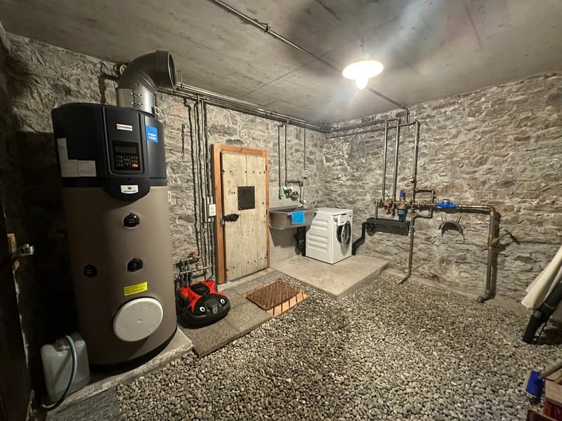 A basement utility room with a water heater, washing machine, and various utilities.