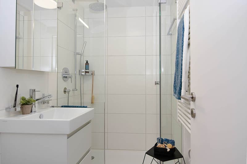 Modern clean white tiled bathroom with glass shower enclosure, white sink with vanity, toiletries on shelf, towels hanging on towel rack, potted plant on the sill.