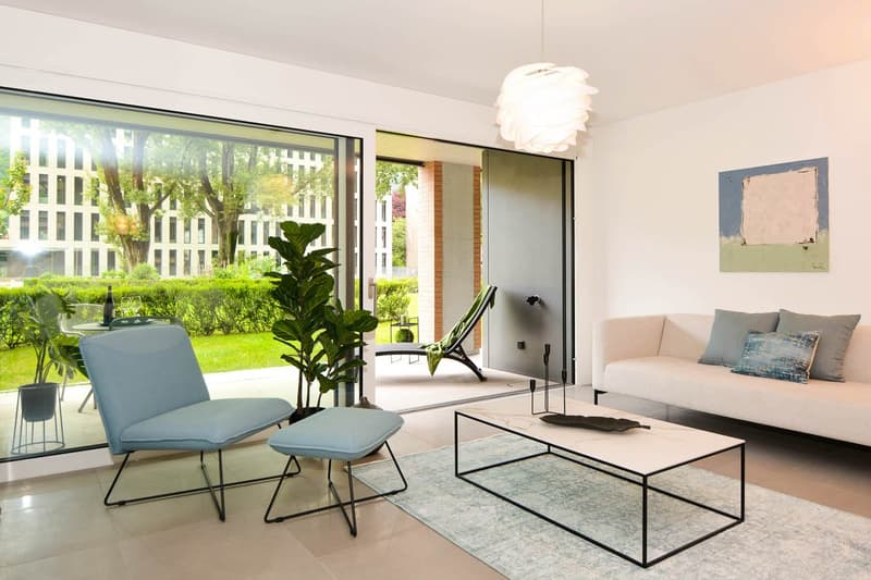 modern room, light walls, large window, balcony, plants, comfortable couch, table, lamp