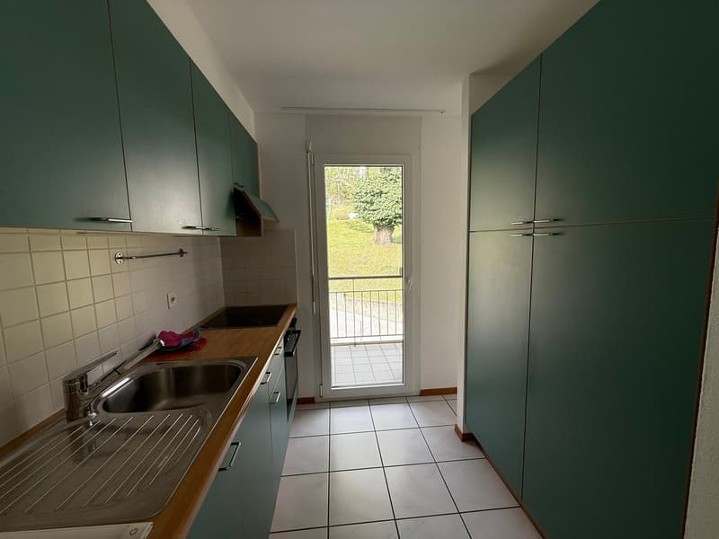 Galley-style kitchen with green cabinets, stainless steel sink, tiled floor, and a balcony/terrace visible through the window.
