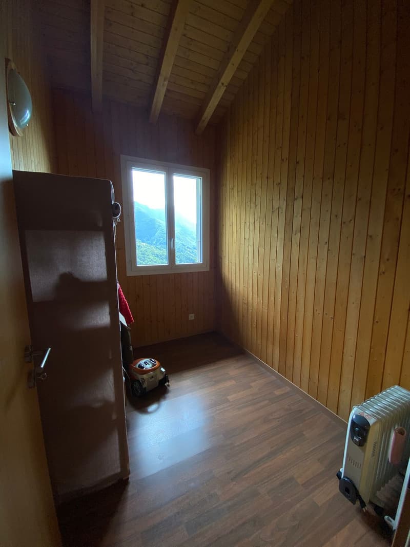 Small room with wooden walls and ceiling, hardwood floor, window with a view of the mountains, refrigerator, and a space heater.