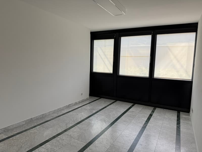 Empty room with large windows, white walls, and gray marble-like flooring with dark stripes.