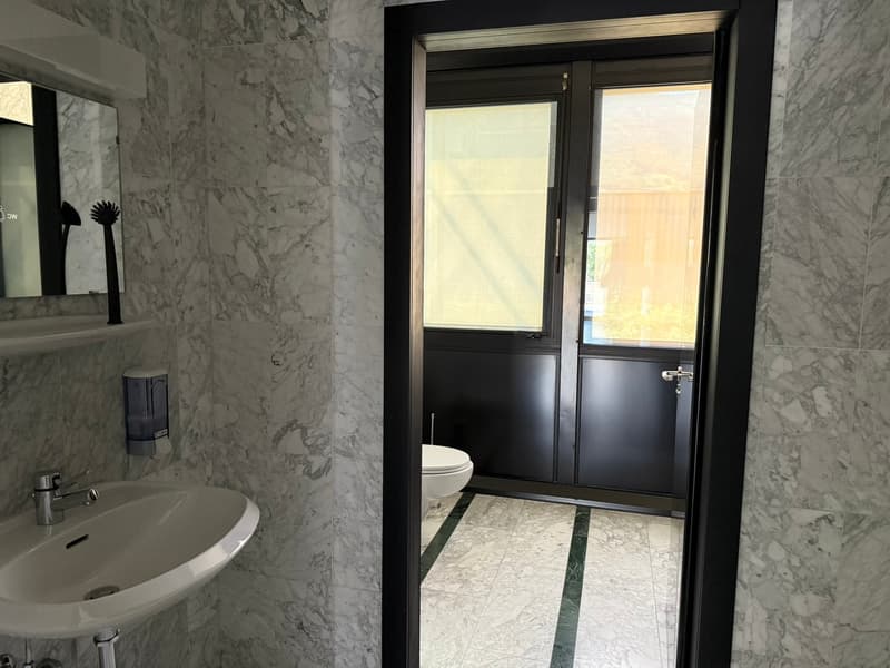 Marble walls, modern sink, black framed glass door leading to a separate toilet area