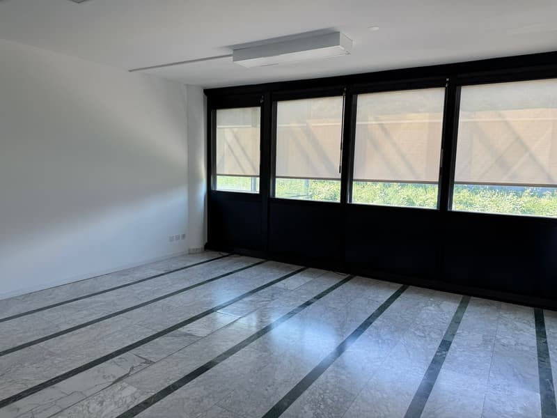 Large open space with white walls, black window frames, and a marble-patterned tile floor. The room appears to be empty and has a modern, minimalist design.