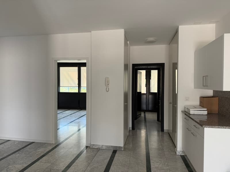The image shows the interior of an apartment. The space features a modern, minimalist design with white walls and cabinets, and gray tile flooring. There is a kitchen area with a granite countertop and a dishwasher visible. The apartment has large windows