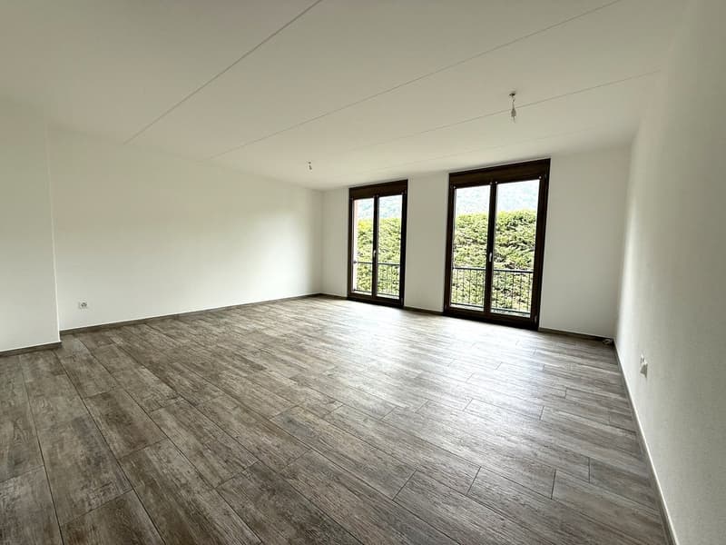 Spacious living room with large windows, hardwood-style flooring, and white walls.