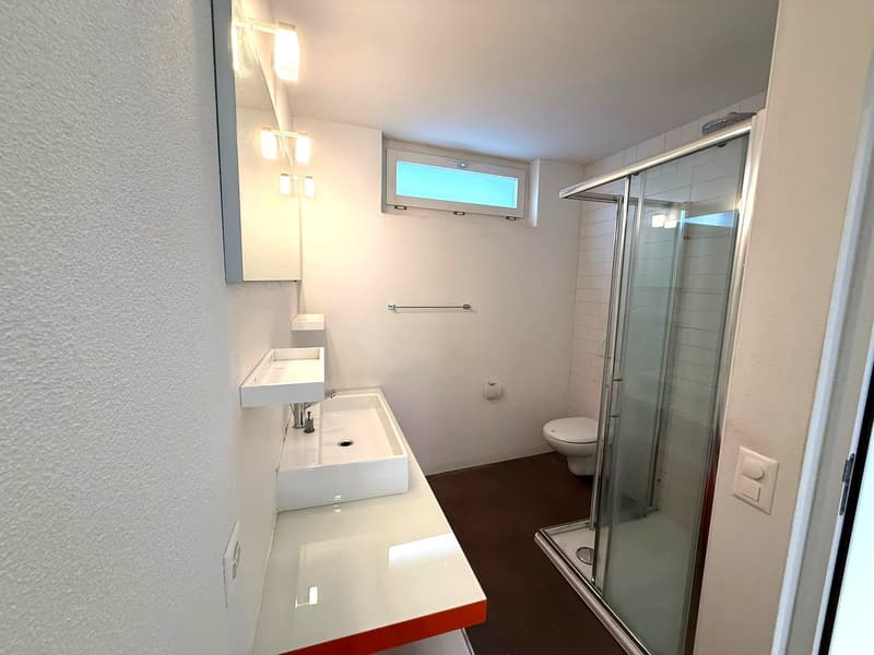 Bathroom with shower, toilet, double sink, and a window.