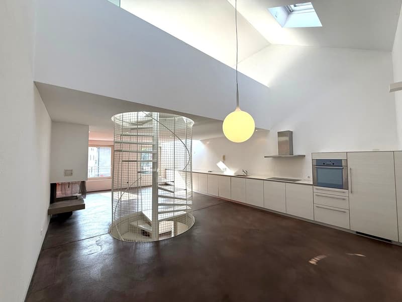 modern kitchen, spiral staircase, dark floor, white walls, hanging lamp