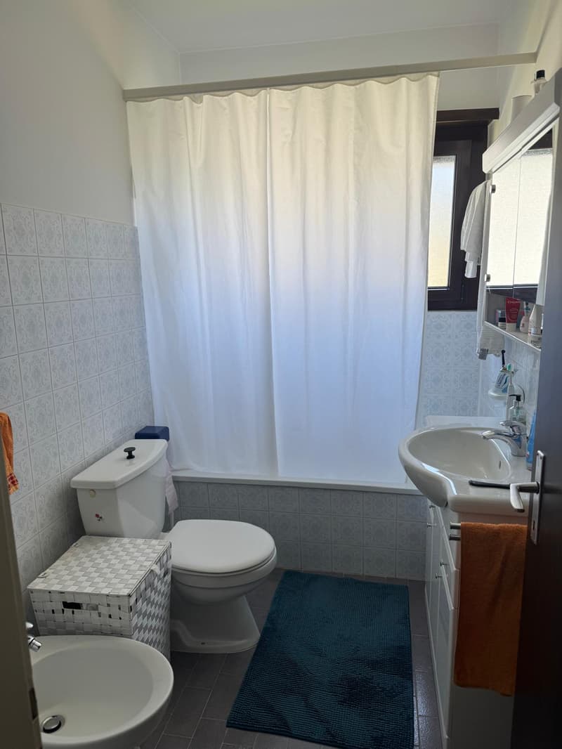 Bathroom with white tiled walls, a white toilet, a bathtub, a sink, a shower curtain, a blue rug, and a mirror.