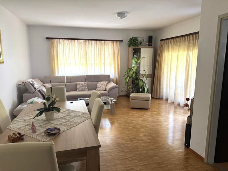 modern design, large windows, dining table, 4 chairs, gray couch, coffee table, plants, open doors