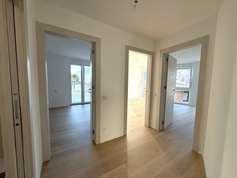 A hallway with wooden floors, glass sliding doors, and rooms visible at the end.