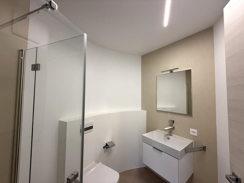 Modern bathroom, curved walls, curved shower area, glass door, white sink, mirror, wall-mounted toilet, light fixtures