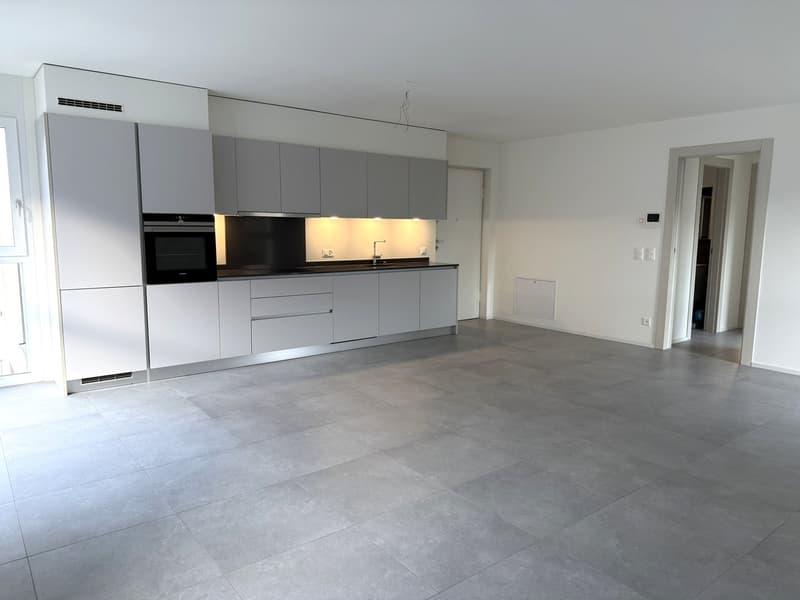 Empty kitchen, modern kitchen with gray cabinets, tiled floor, white appliances, and sink with faucet