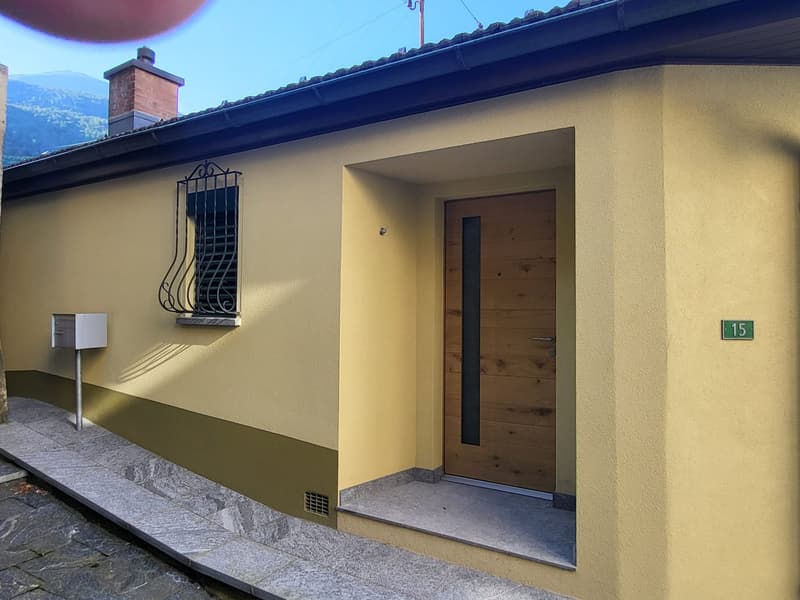 single-family house, yellow wall, brown wooden door, small mailbox, brick chimney
