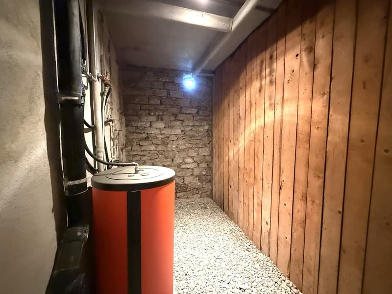Small room with a red water heater, stone wall, wooden wall, lighting on the ceiling