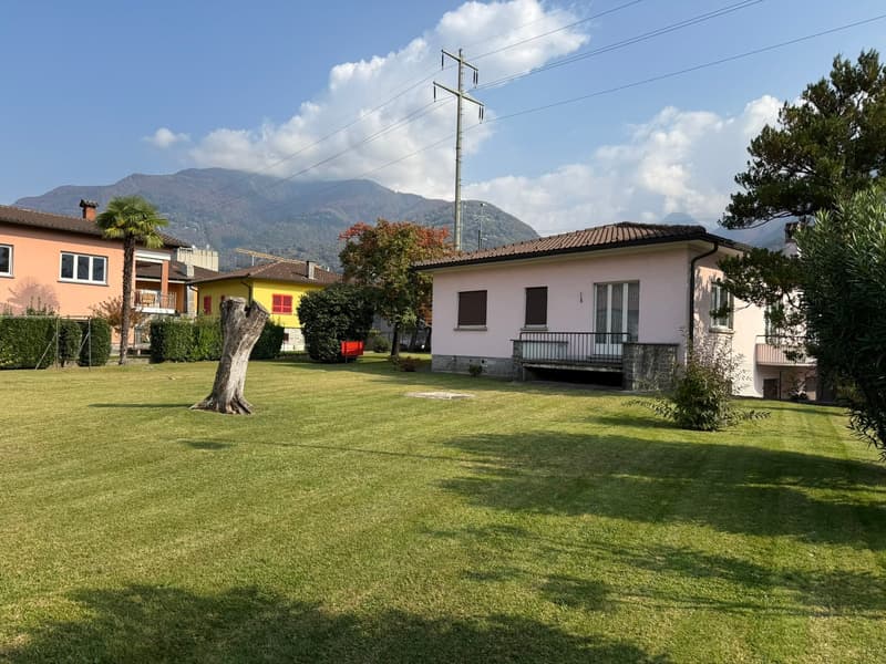 House located in front of a lawn with mountains in the background.