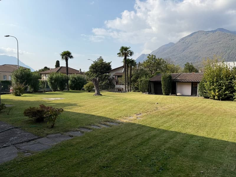 large well-maintained lawn with scattered trees and shrubs, two buildings on the sides, mountains in the distance