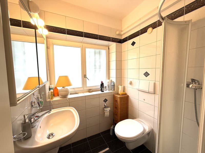 Bathroom: white tile walls, white tile floor, glass sink, glass shower enclosure, white toilet, wooden cabinet, shower head