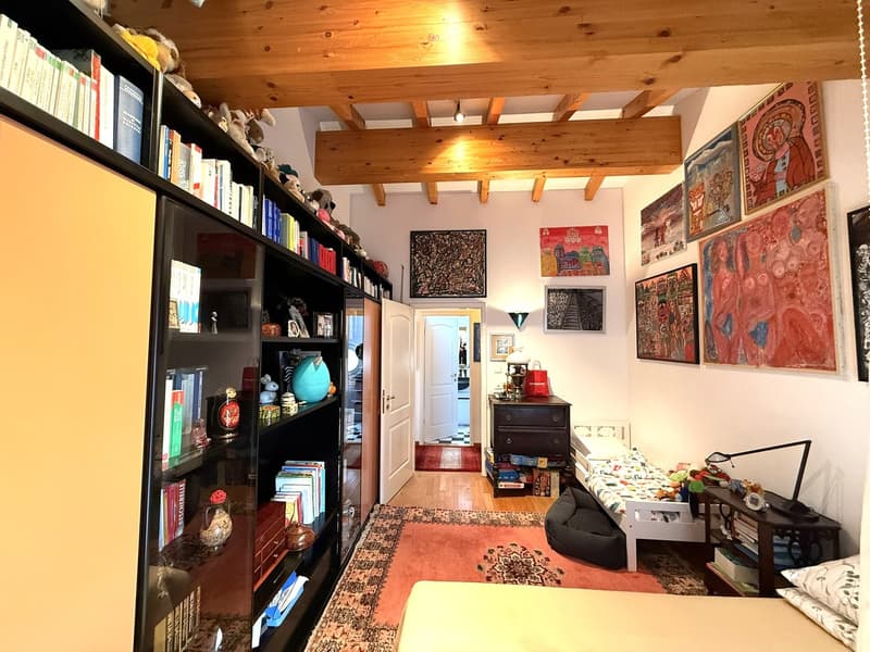 Bookshelves, paintings on the wall, small cot, rug, lamps