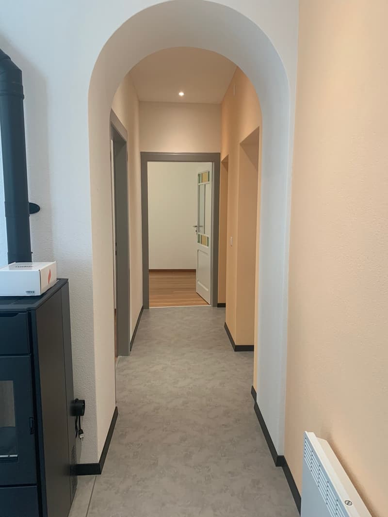 arched hallway, white walls, gray floor, open door, wooden floor in the room, black fireplace, white radiator