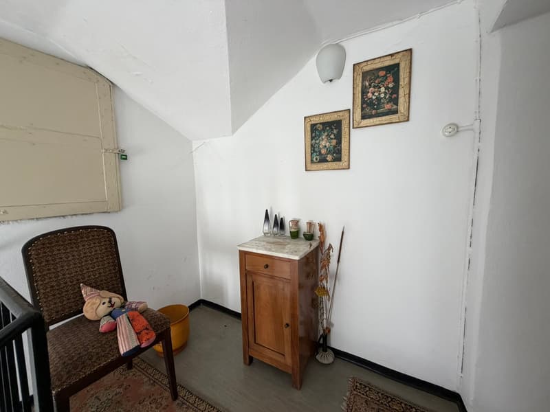 small room with a chair, a cabinet, a small table, a stuffed animal, a bucket, and a plant