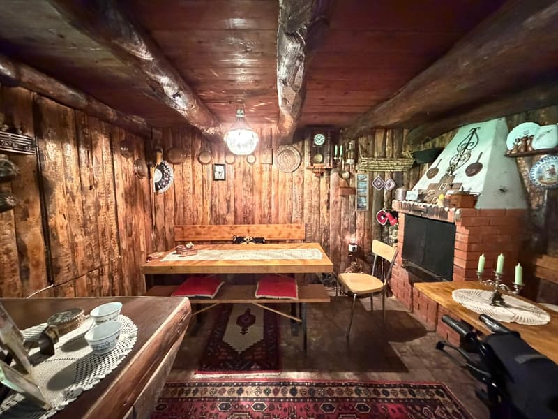 wooden walls, dining table, chairs, fireplace, rug, decorative items