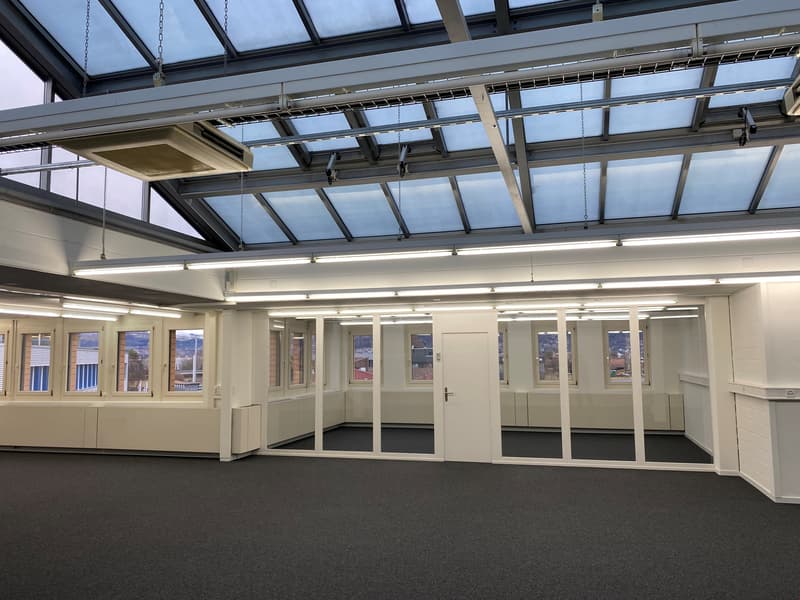 Open floor plan, large windows, carpeted floor, glass partitions, suspended lighting