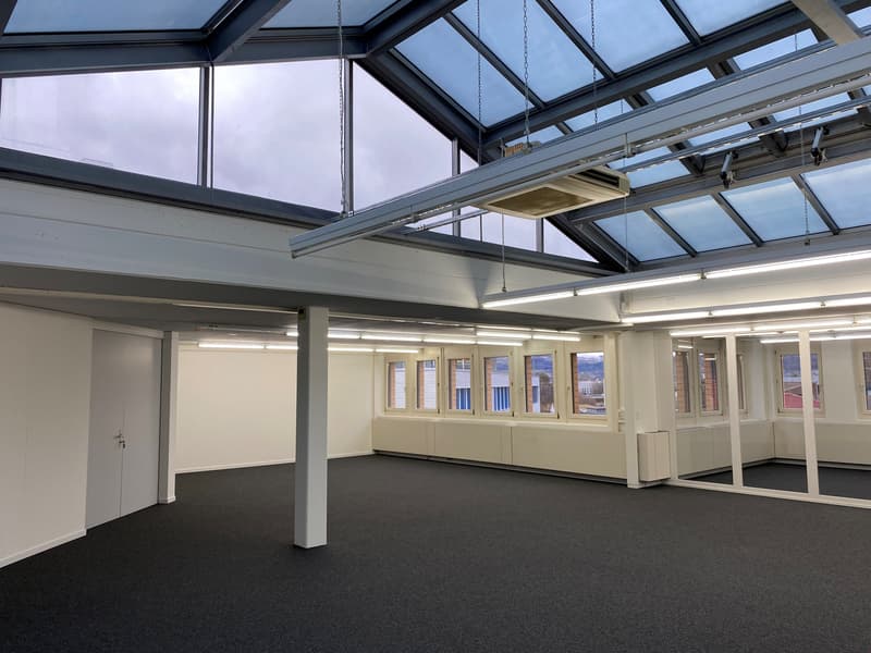 large room, high ceilings, multiple windows, carpeted floor, suspended lights, glass doors