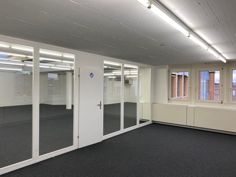 large open room, glass doors, carpet floor, large windows, ceiling lights, metal handrails on glass doors
