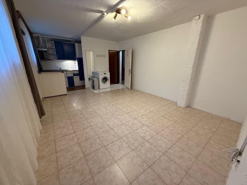 Empty room, white walls, tiled floor, white ceiling with lights, washing machine, entrance to the kitchen