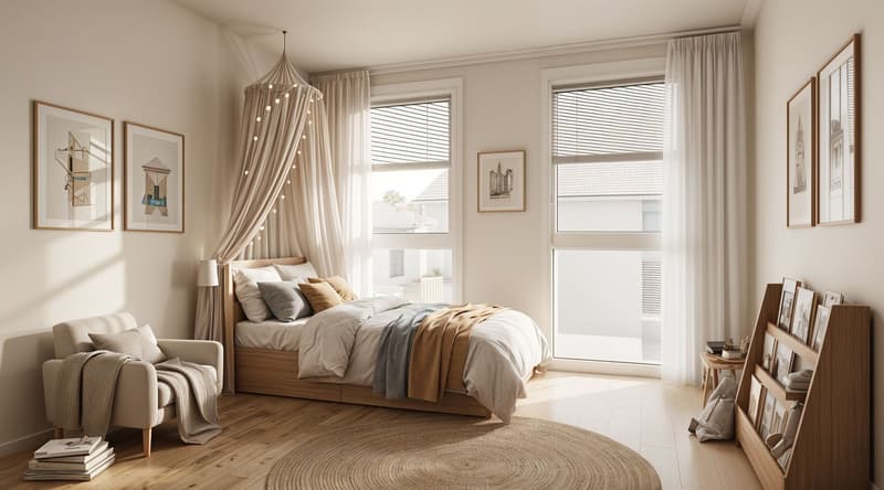 Cozy bedroom with a wooden bed, a small armchair, a round woven rug, and several picture frames on the walls. The room features large windows with blinds and a hanging canopy over the bed.