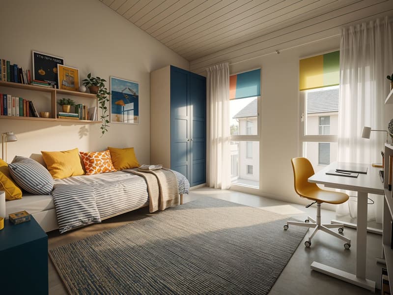 A modern, multi-functional bedroom with a sofa bed, desk, and bookshelf. Features include a large window with white curtains, a blue wardrobe, and decorative pillows on the sofa bed.