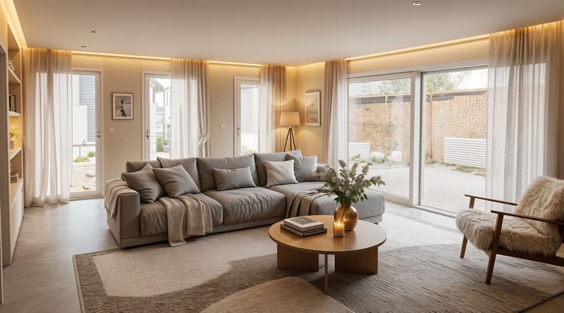 Modern living room with large windows, grey sectional sofa, wooden coffee table, floor lamp, and a cozy armchair with a fur throw.