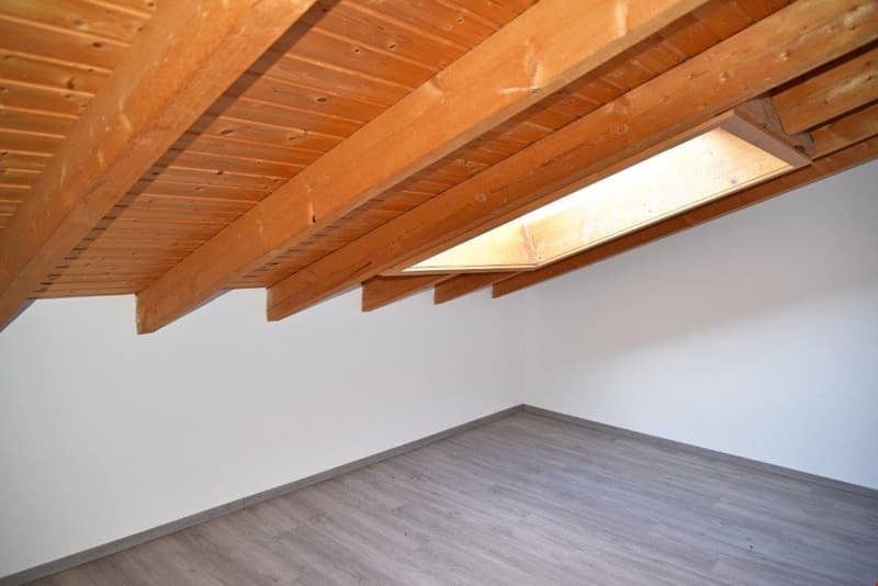 Attic or loft space with exposed wooden beams and rafters on the ceiling, and a hardwood or laminate floor.