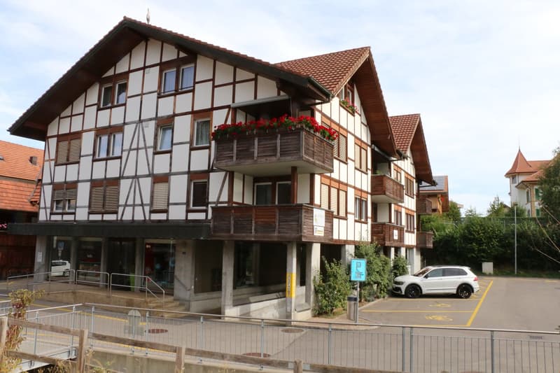 Einfahrt Einstellhalle und Teil Aussenparkplätze
