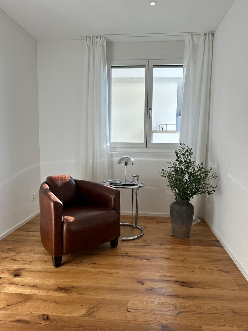 modern and minimalistic design, brown leather armchair, round side table, silver lamp, tall vase with green foliage, wooden flooring, white walls, large window with white curtains
