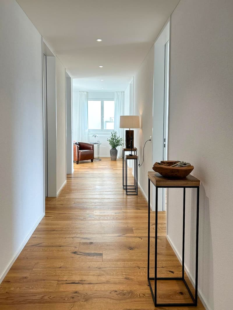 Wood floor, modern furniture, lamps, side tables, window