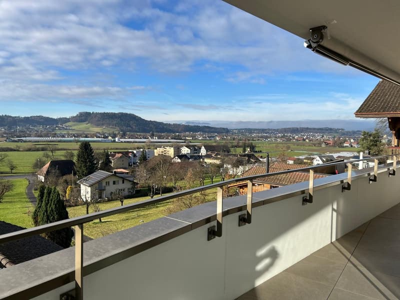 large balcony with metal railings, sweeping view of countryside and valley