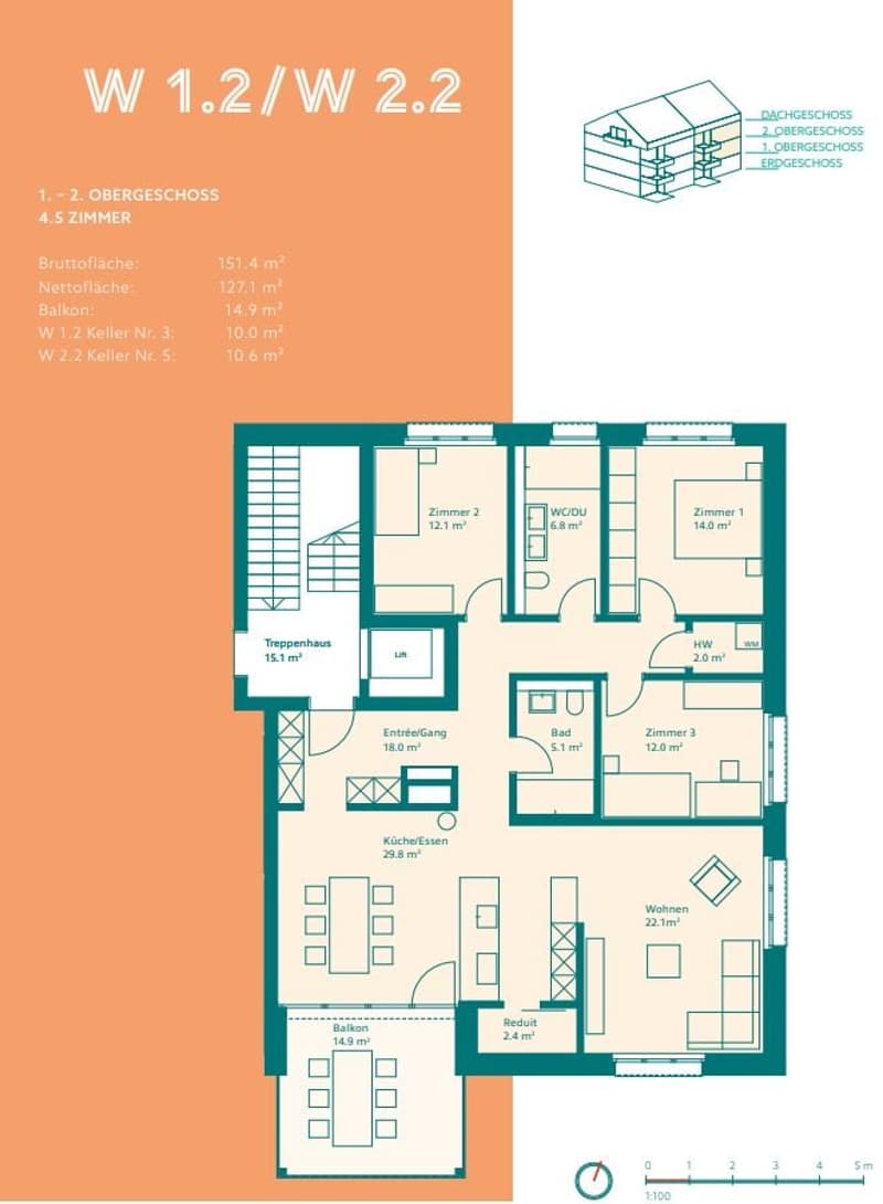 6.5 Zimmer Neubauwohnung im 1. o. 2. OG in Müllheim. VP gilt für eine Wohnung - Bez.: W 1.2 o. 2.2 (2)