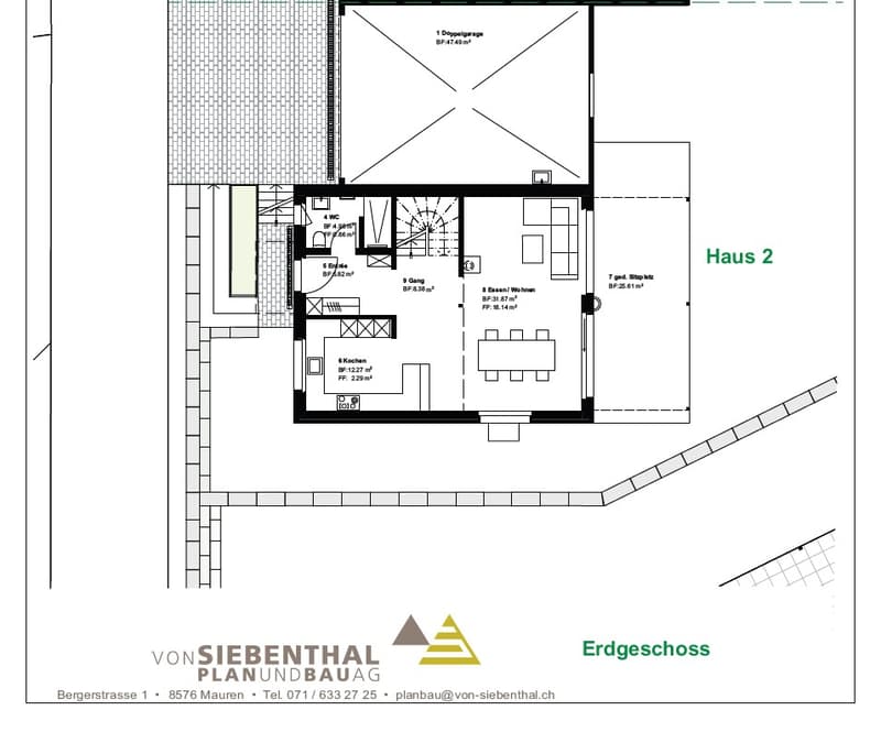 Erdgeschoss layout, 1 garage, 8 rooms, kitchen, 2 bathrooms, balconies