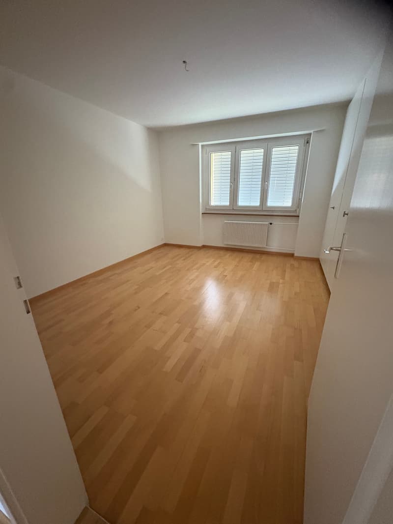 Empty room, wooden floor, white walls, window, radiator