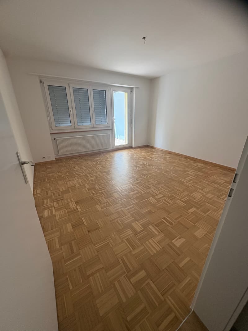 large windows, sliding glass door to balcony, wooden parquet flooring, white walls, radiator