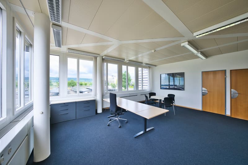 modern office with desks, chairs, wooden cabinet, long windows, two wooden doors, blue carpet